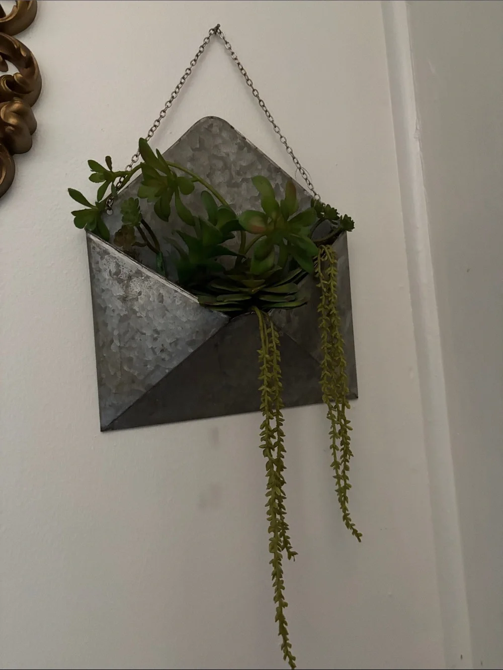Galvanized Metal Wall Pocket Planter with Green Succulent